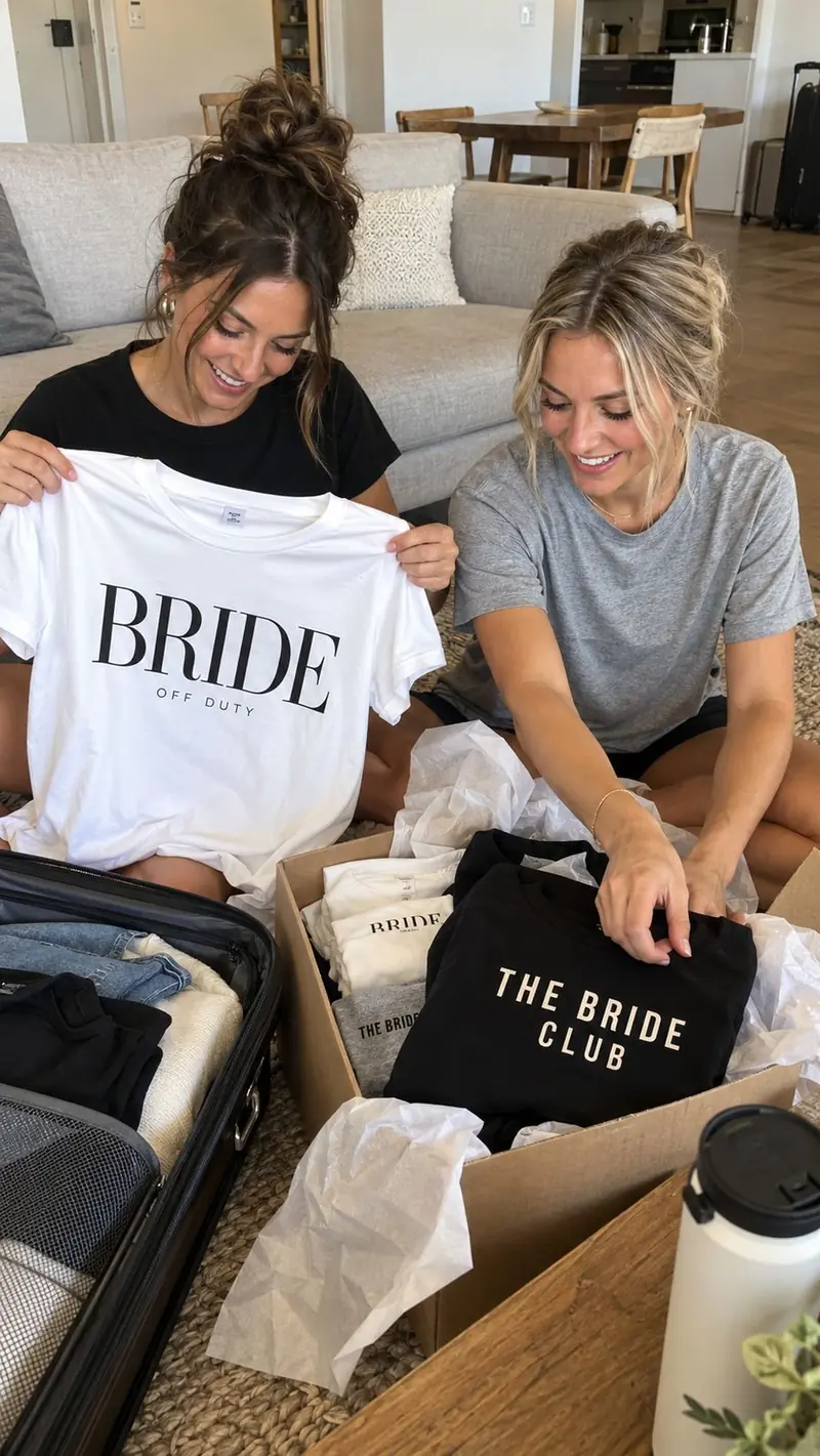 Two friends unboxing Bride Off Duty and The Bride Club tees
